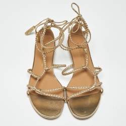 Pre Owned Aquazzura Gold Leather Brasilia Flat Sandals Size 39