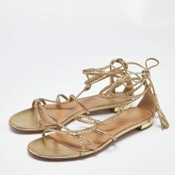 Pre Owned Aquazzura Gold Leather Brasilia Flat Sandals Size 39