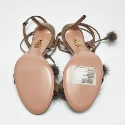 Pre Owned Aquazzura Grey Mink Fur and Suede Wild Russian Ankle Wrap Sandals Size 39
