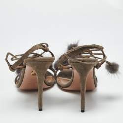 Pre Owned Aquazzura Grey Mink Fur and Suede Wild Russian Ankle Wrap Sandals Size 39