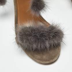 Pre Owned Aquazzura Grey Mink Fur and Suede Wild Russian Ankle Wrap Sandals Size 39