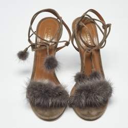 Pre Owned Aquazzura Grey Mink Fur and Suede Wild Russian Ankle Wrap Sandals Size 39