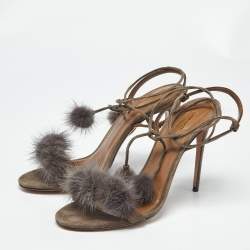 Pre Owned Aquazzura Grey Mink Fur and Suede Wild Russian Ankle Wrap Sandals Size 39