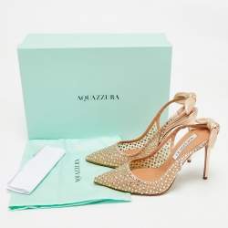 Pre Owned Aquazzura Rose Gold Leather and Mesh Bow Tie Slingback Pumps Size 37