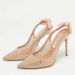 Pre Owned Aquazzura Rose Gold Leather and Mesh Bow Tie Slingback Pumps Size 37