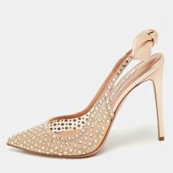 Pre Owned Aquazzura Rose Gold Leather and Mesh Bow Tie Slingback Pumps Size 37