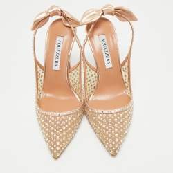 Pre Owned Aquazzura Rose Gold Leather and Mesh Bow Tie Slingback Pumps Size 37