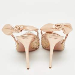 Pre Owned Aquazzura Rose Gold Leather and Mesh Bow Tie Slingback Pumps Size 37