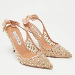 Pre Owned Aquazzura Rose Gold Leather and Mesh Bow Tie Slingback Pumps Size 37