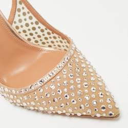 Pre Owned Aquazzura Rose Gold Leather and Mesh Bow Tie Slingback Pumps Size 37