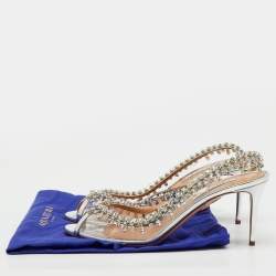 Pre Owned Aquazzura Transparent/Silver PVC and Leather Temptation Crystal Slingback Pumps Size 40