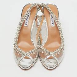 Pre Owned Aquazzura Transparent/Silver PVC and Leather Temptation Crystal Slingback Pumps Size 40