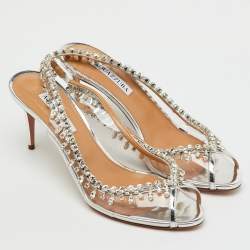 Pre Owned Aquazzura Transparent/Silver PVC and Leather Temptation Crystal Slingback Pumps Size 40