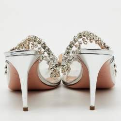 Pre Owned Aquazzura Transparent/Silver PVC and Leather Temptation Crystal Slingback Pumps Size 40