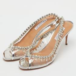 Pre Owned Aquazzura Transparent/Silver PVC and Leather Temptation Crystal Slingback Pumps Size 40