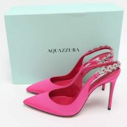 Pre Owned Aquazzura Pink Nylon Love Link Slingback Pumps Size 38