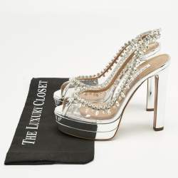 Pre Owned Aquazzura Silver Patent Leather and PVC Temptation Crystals Slingback Platform Pumps Size 38