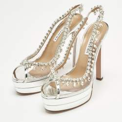 Pre Owned Aquazzura Silver Patent Leather and PVC Temptation Crystals Slingback Platform Pumps Size 38
