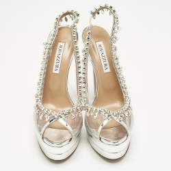 Pre Owned Aquazzura Silver Patent Leather and PVC Temptation Crystals Slingback Platform Pumps Size 38