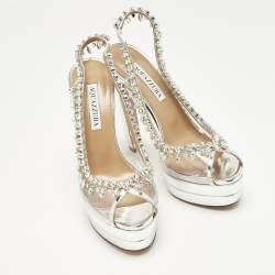 Pre Owned Aquazzura Silver Patent Leather and PVC Temptation Crystals Slingback Platform Pumps Size 38