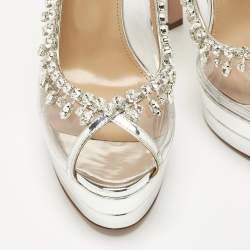 Pre Owned Aquazzura Silver Patent Leather and PVC Temptation Crystals Slingback Platform Pumps Size 38