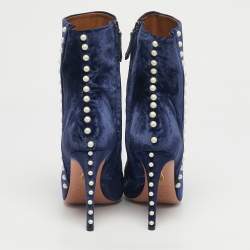 Pre Owned Aquazzura Navy Blue Velvet Follie Pearls Ankle Boots Size 39.5