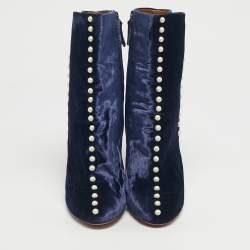 Pre Owned Aquazzura Navy Blue Velvet Follie Pearls Ankle Boots Size 39.5