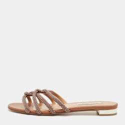 Pre Owned Aquazzura Brown Leather Crystal Embellish Flat Slide Size 41
