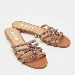 Pre Owned Aquazzura Brown Leather Crystal Embellish Flat Slide Size 41