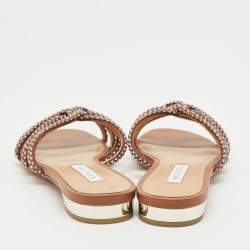 Pre Owned Aquazzura Brown Leather Crystal Embellish Flat Slide Size 41