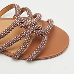 Pre Owned Aquazzura Brown Leather Crystal Embellish Flat Slide Size 41