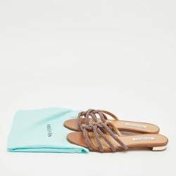 Pre Owned Aquazzura Brown Leather Crystal Embellish Flat Slide Size 41