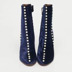 Pre Owned Aquazzura Navy Blue Velvet Follie Pearls Ankle Boots Size 36.5