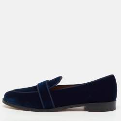 Pre Owned Aquazzura Navy Blue Velvet Martin Slip On Loafers Size 41