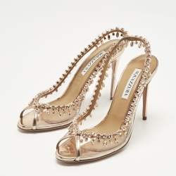 Pre Owned Aquazzura Gold Leather and PVC Crystal Embellish Temptation Peep Toe Pumps Size 38