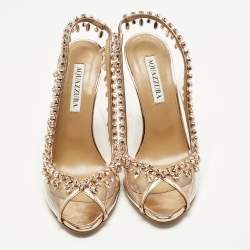 Pre Owned Aquazzura Gold Leather and PVC Crystal Embellish Temptation Peep Toe Pumps Size 38