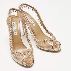 Pre Owned Aquazzura Gold Leather and PVC Crystal Embellish Temptation Peep Toe Pumps Size 38