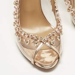 Pre Owned Aquazzura Gold Leather and PVC Crystal Embellish Temptation Peep Toe Pumps Size 38