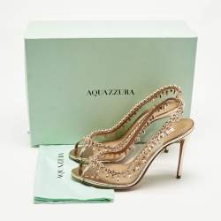 Pre Owned Aquazzura Gold Leather and PVC Crystal Embellish Temptation Peep Toe Pumps Size 38
