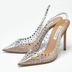 Pre Owned Aquazzura Transparent PVC Crystal Embellished Starburst Slingback Pumps Size 37.5
