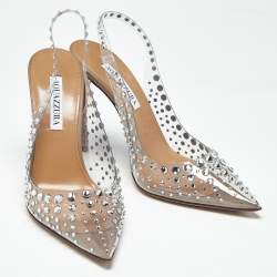 Pre Owned Aquazzura Transparent PVC Crystal Embellished Starburst Slingback Pumps Size 37.5