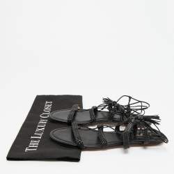 Pre Owned Aquazzura Black Braided Leather Stromboli Gladiator Flat Sandals Size 38.5