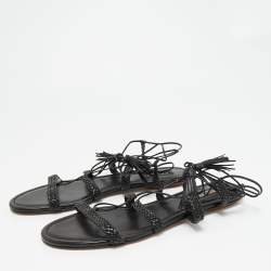 Pre Owned Aquazzura Black Braided Leather Stromboli Gladiator Flat Sandals Size 38.5