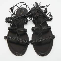 Pre Owned Aquazzura Black Braided Leather Stromboli Gladiator Flat Sandals Size 38.5