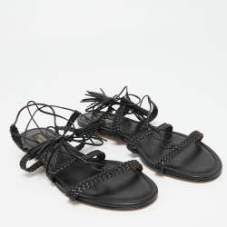 Pre Owned Aquazzura Black Braided Leather Stromboli Gladiator Flat Sandals Size 38.5