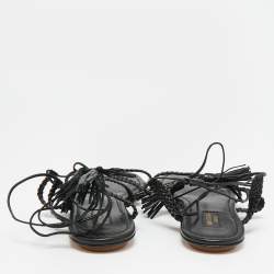 Pre Owned Aquazzura Black Braided Leather Stromboli Gladiator Flat Sandals Size 38.5