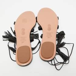 Pre Owned Aquazzura Black Braided Leather Stromboli Gladiator Flat Sandals Size 38.5