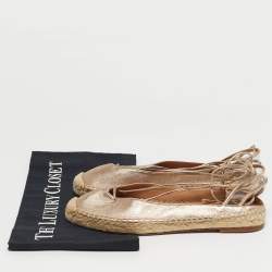 Pre Owned Aquazzura Gold Leather and PVC  Ankle Wrap Espadrille Flat Size 35.5