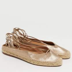 Pre Owned Aquazzura Gold Leather and PVC  Ankle Wrap Espadrille Flat Size 35.5