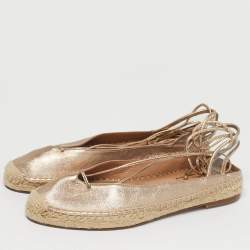 Pre Owned Aquazzura Gold Leather and PVC  Ankle Wrap Espadrille Flat Size 35.5